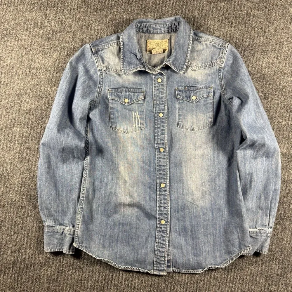 Ralph Lauren Denim Western Shirt Girls Sz 12 Blue Pearl Snap Long Sleeve Cowgirl